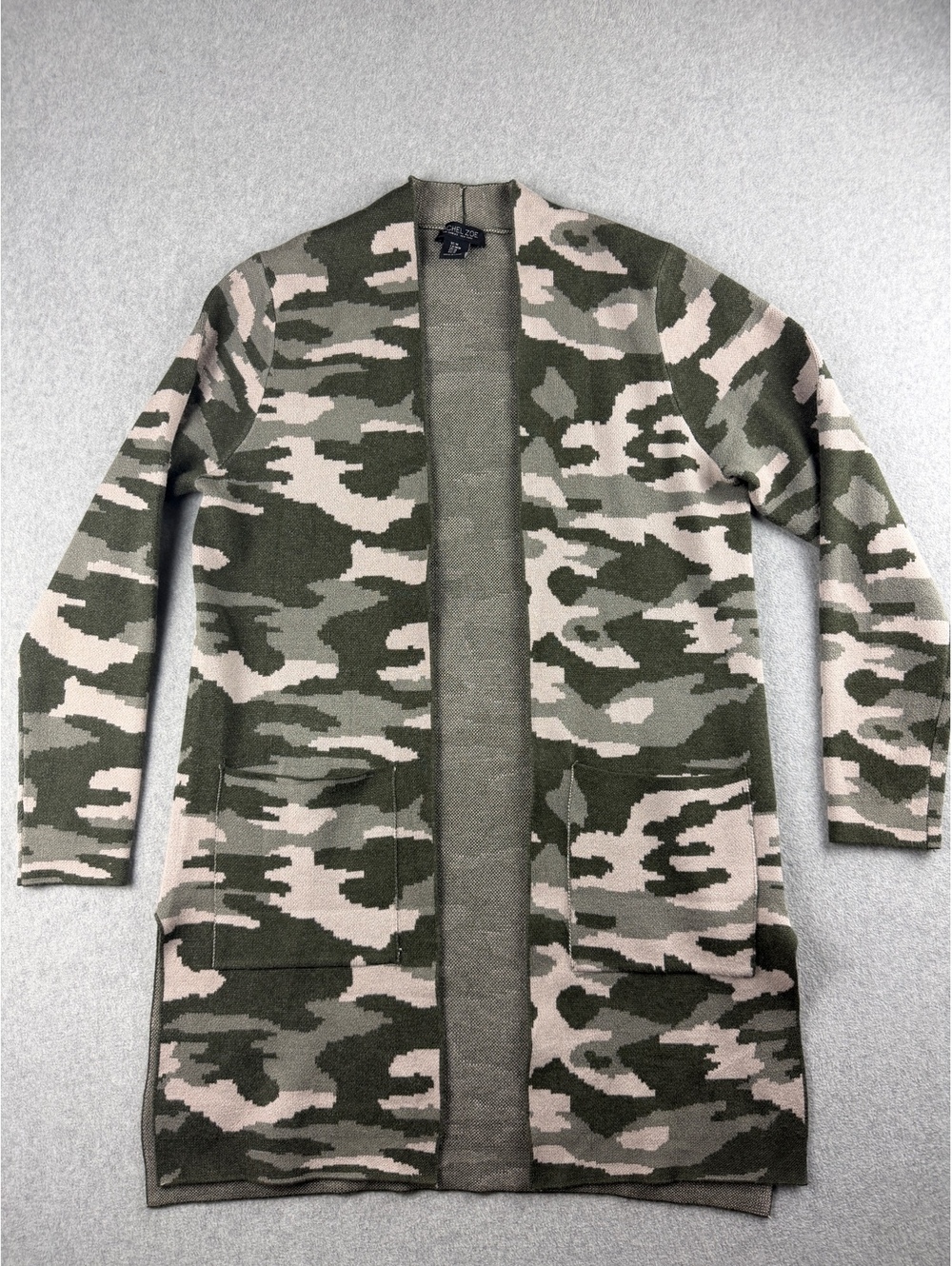 Rachel Zoe Camo Long Cardigan Womens M Green Open Front Duster Sweater Pockets
